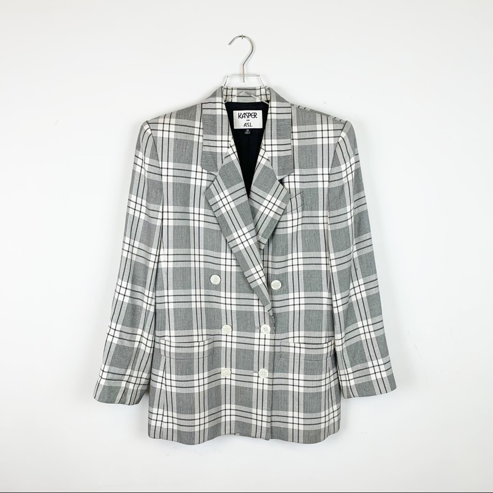 VINTAGE Kasper Black White Plaid Oversized Double Breasted Blazer 1990’s SIZE 10